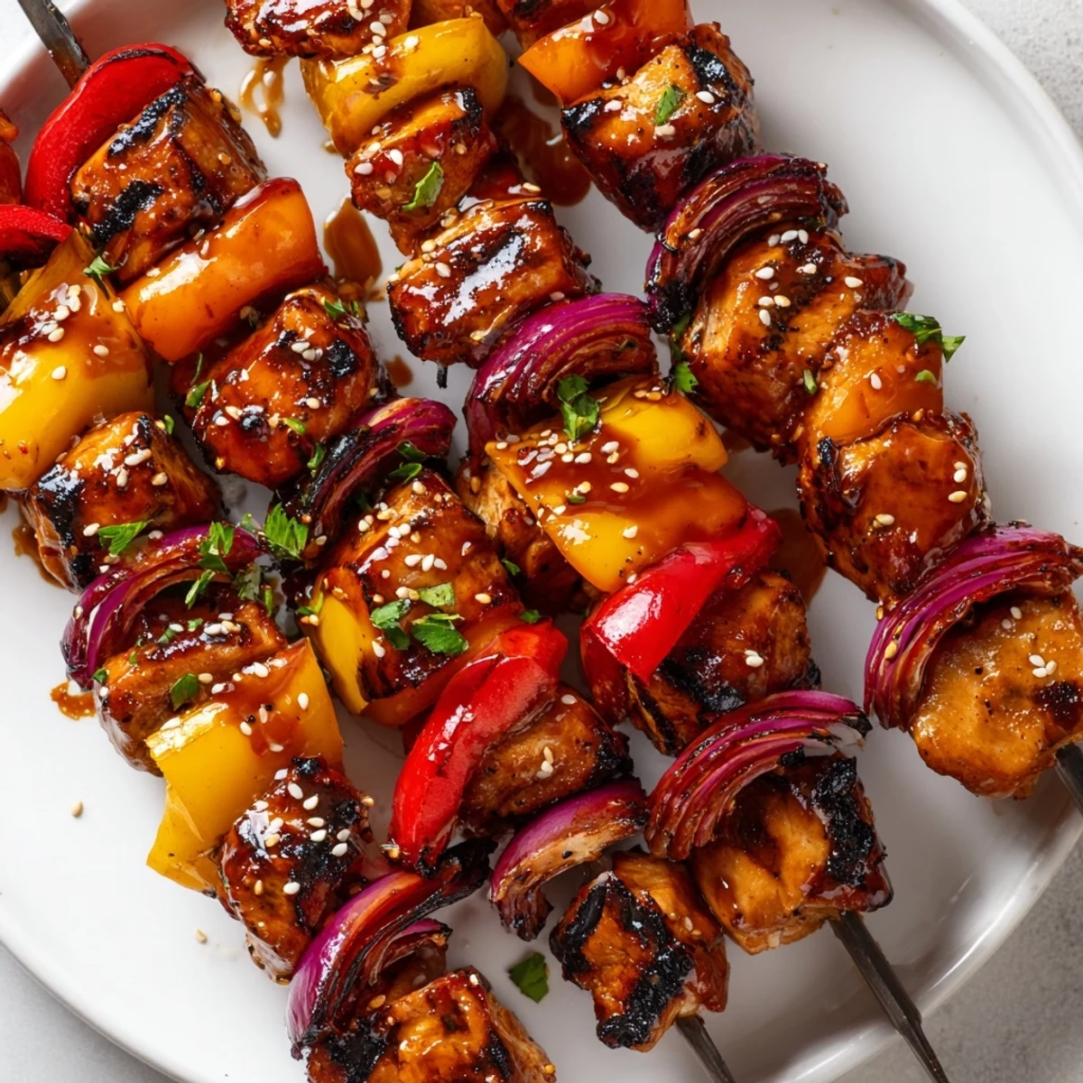 Tray of Juicy Honey Garlic BBQ Chicken Skewers with colorful peppers, smoky aroma.