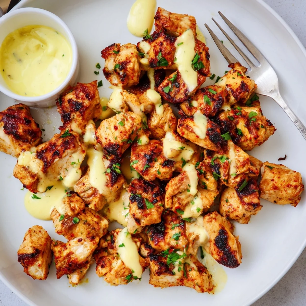 Grilled Chicken Bites With Creamy Garlic Sauce, charred edges and zesty lemon  