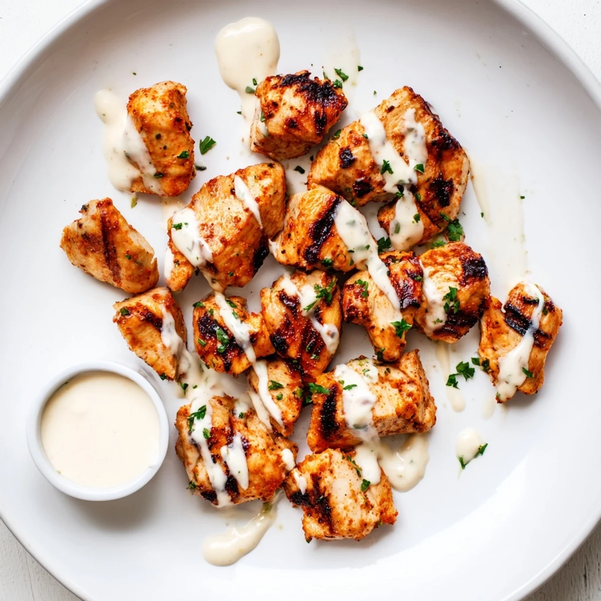 Juicy, smoky skewers of Grilled Chicken Bites With Creamy Garlic Sauce, ready to share  