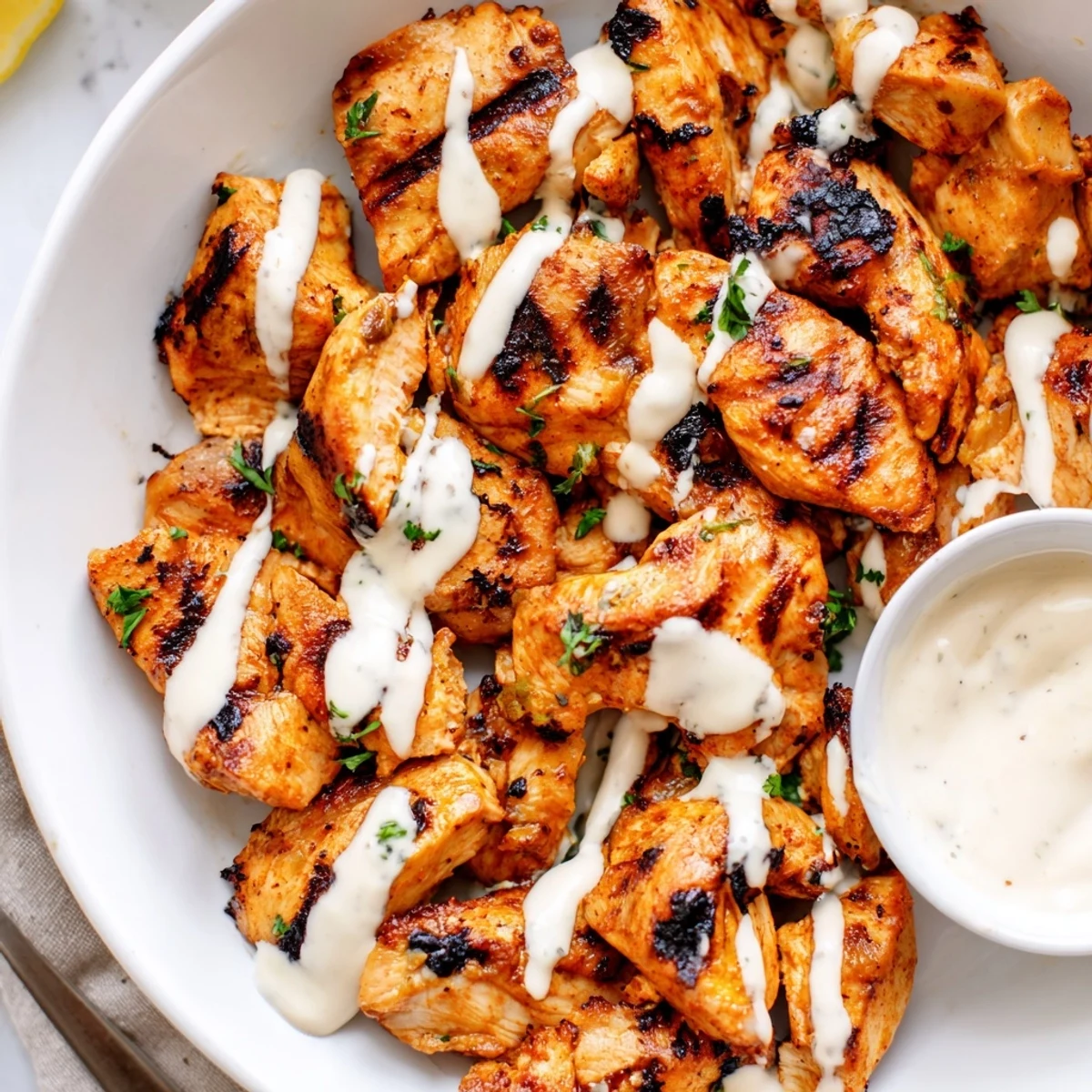 Plate of crisp veggies and pita beside Grilled Chicken Bites With Creamy Garlic Sauce