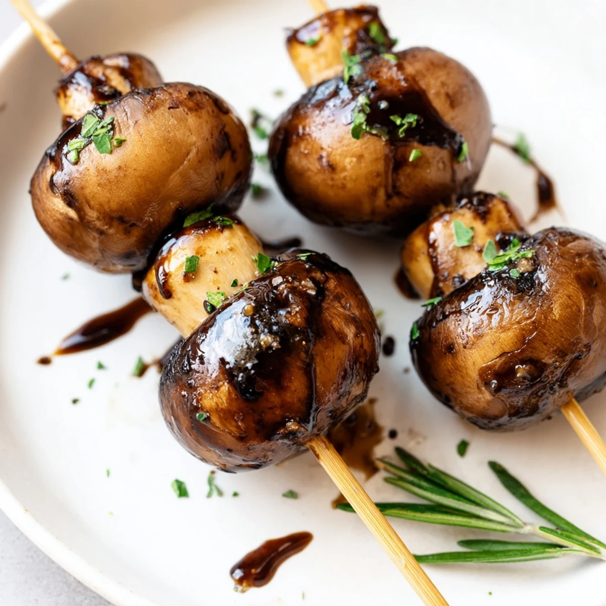 Balsamic Garlic Grilled Mushroom Skewers sizzling, charred edges, fragrant garlic aroma  