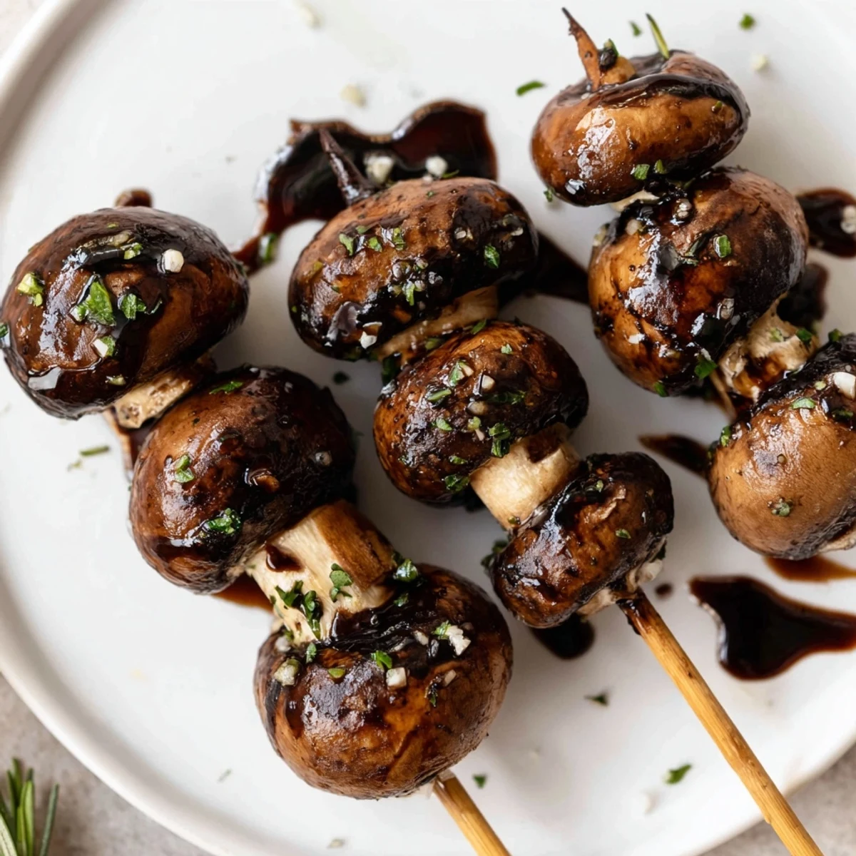 Warm Balsamic Garlic Grilled Mushroom Skewers plated with crusty bread, parsley sprinkle  