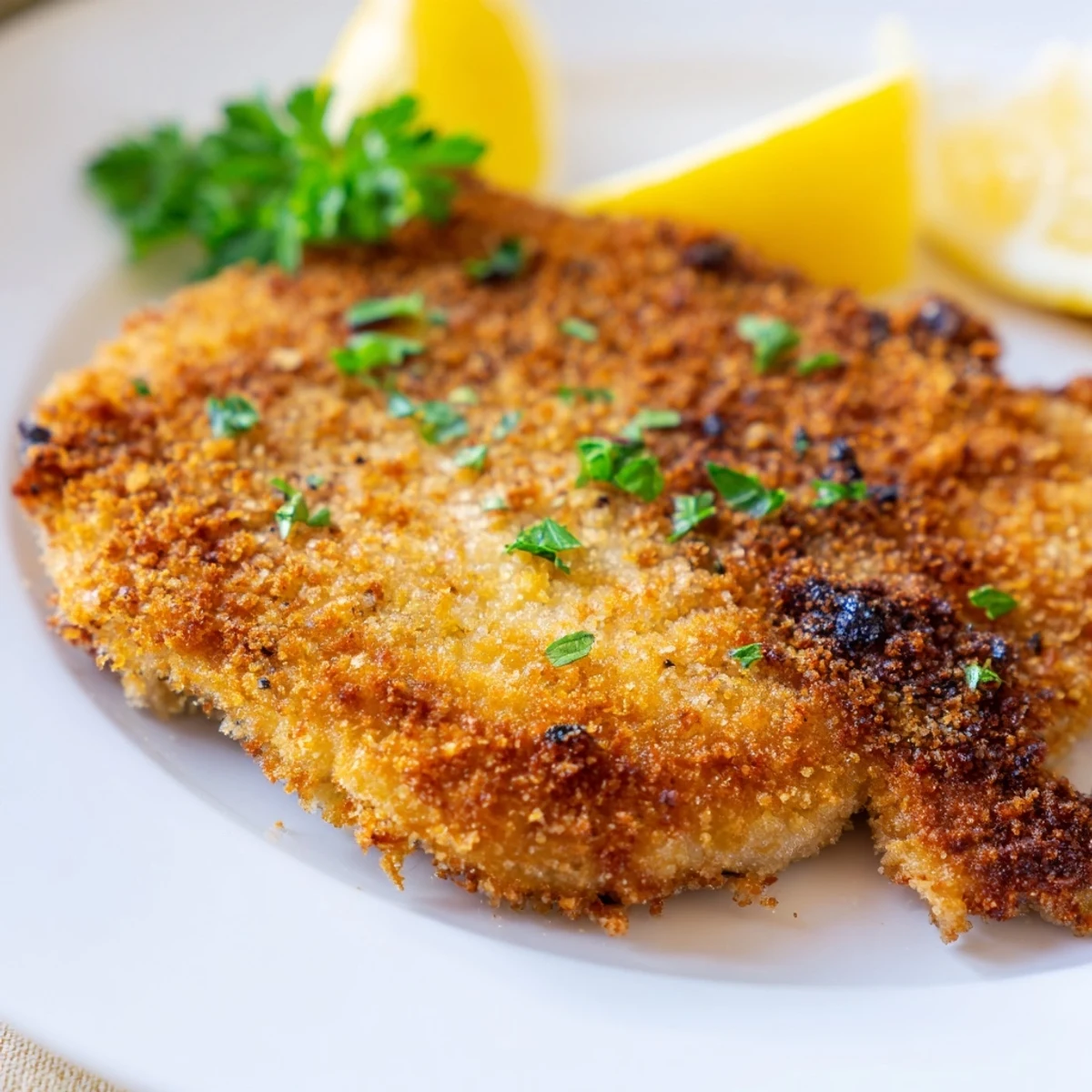 Golden crunch lemon chicken with crispy panko coating and fresh lemon wedges on serving plate