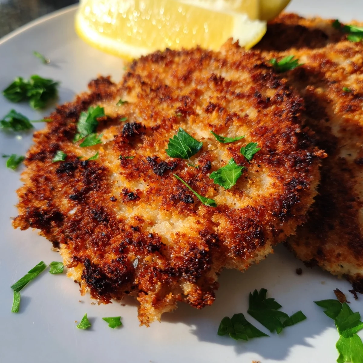 Oven-baked golden lemon chicken pieces with crunchy texture and fresh herb garnish on white dish