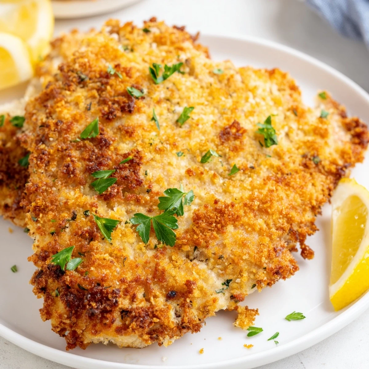 Crispy fried lemon chicken breast garnished with parsley and served with zesty lemon slices
