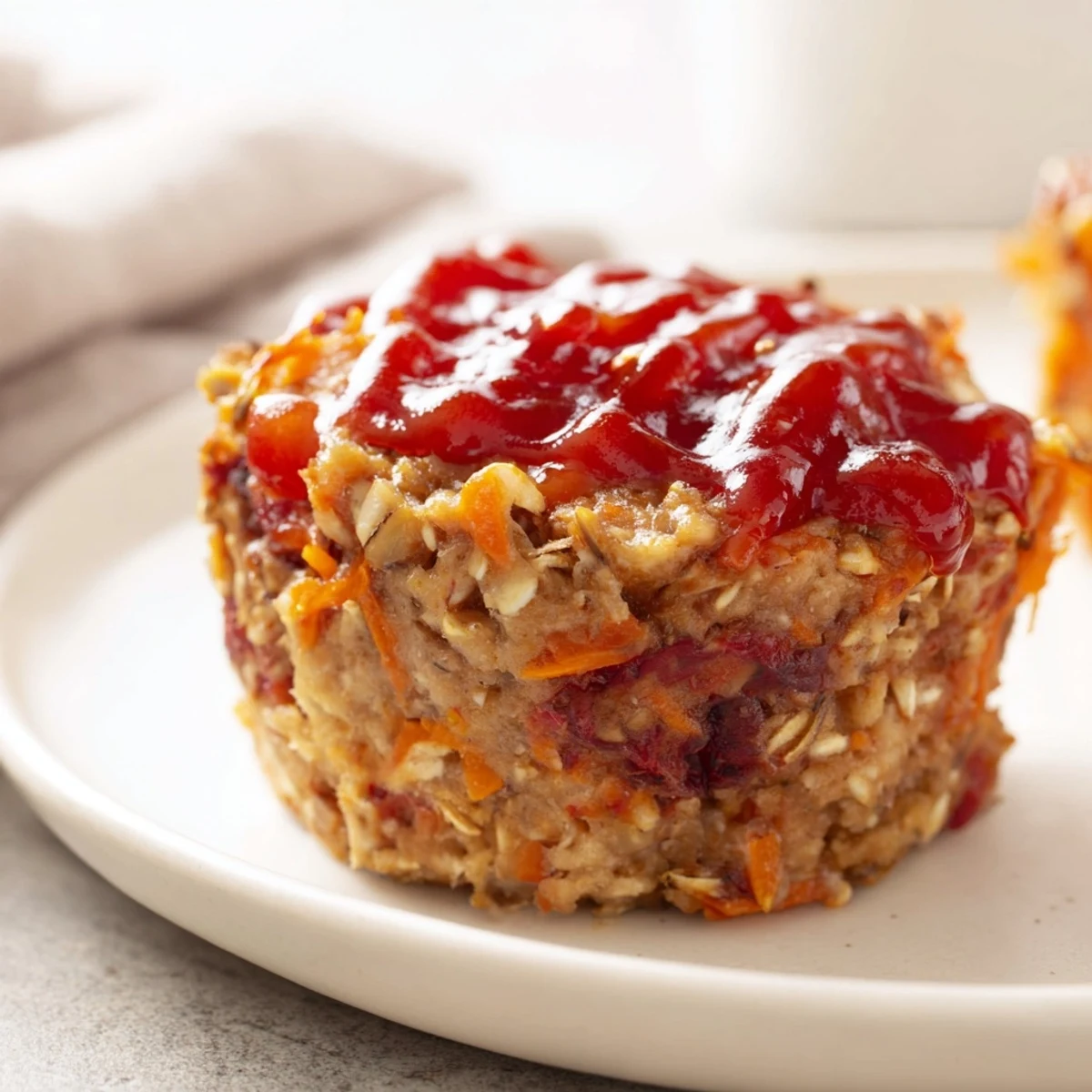 Mini turkey meatloaf muffins served warm with a glossy ketchup glaze on top