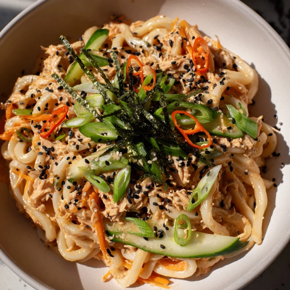 Steamy bowl of spicy tuna udon noodles tossed in creamy sriracha mayo sauce