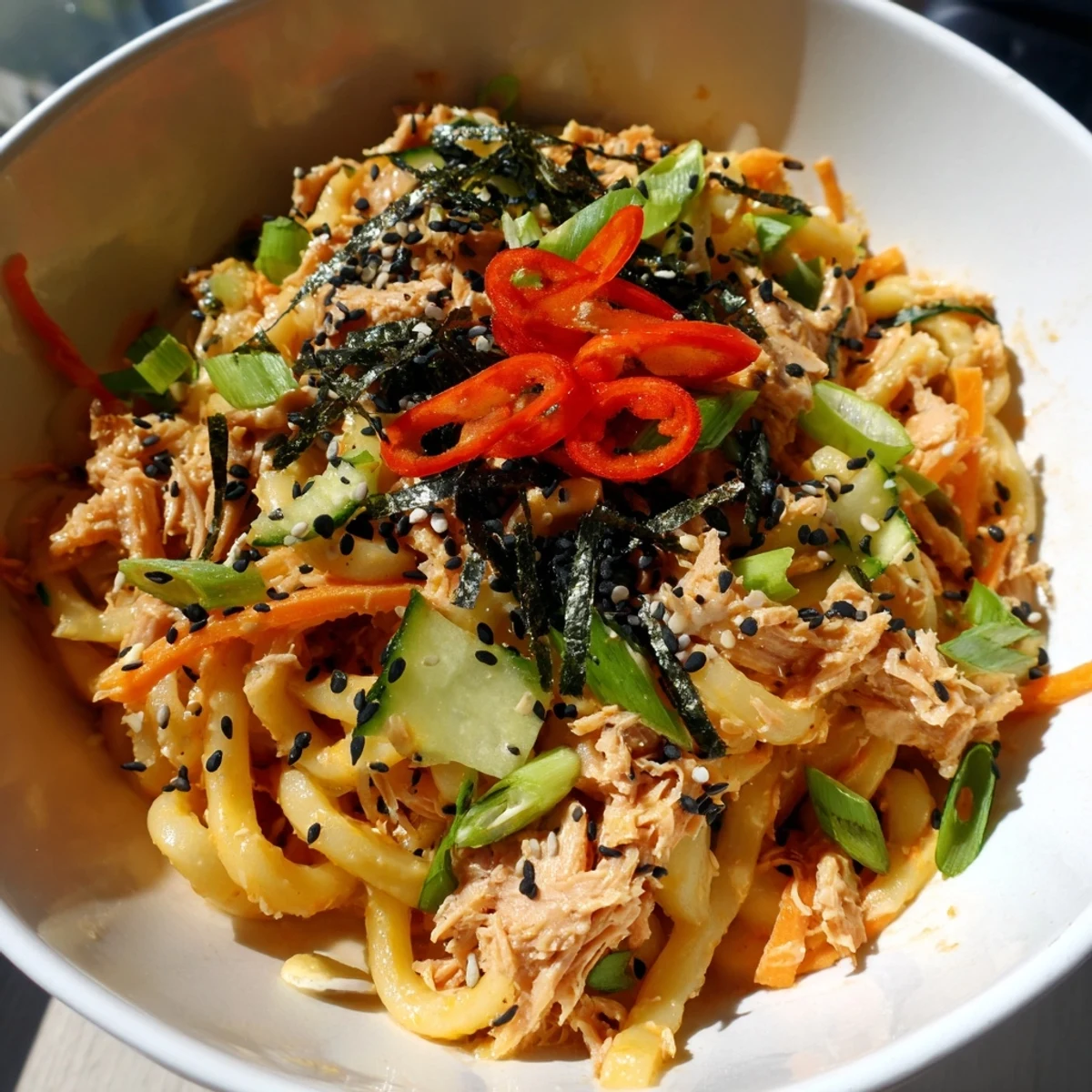 Japanese spicy tuna udon featuring thick noodles coated in spicy sesame sauce