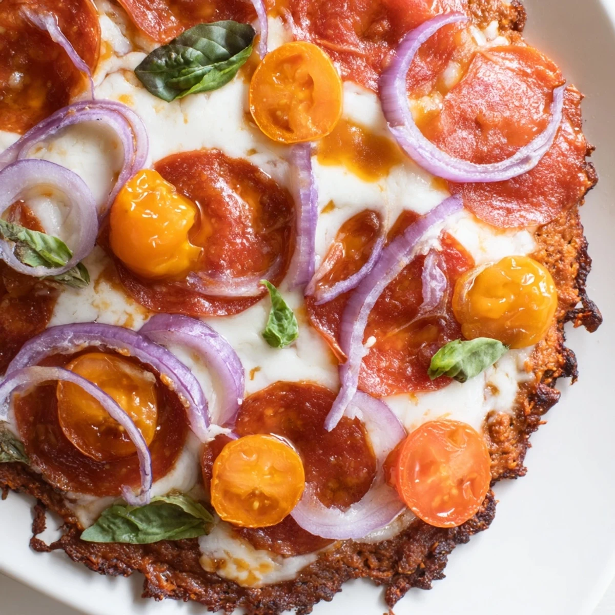 Golden sweet potato crust pizza topped with pepperoni and mozzarella, finished with spicy hot honey drizzle