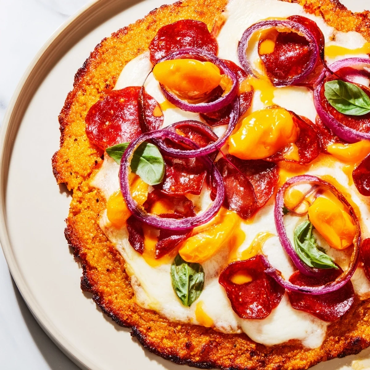 Savory sweet potato crust pizza loaded with spicy pepperoni, melted mozzarella, and sweet heat honey glaze