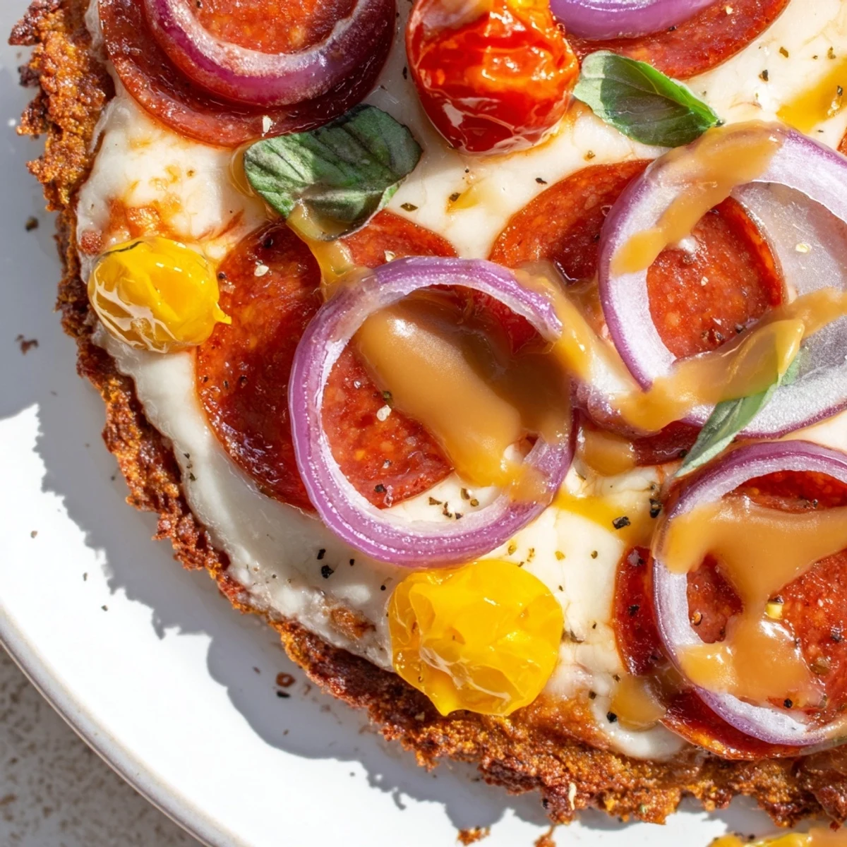 Gluten-free pepperoni hot honey pizza featuring crispy sweet potato crust with bubbling cheese and red onion slices