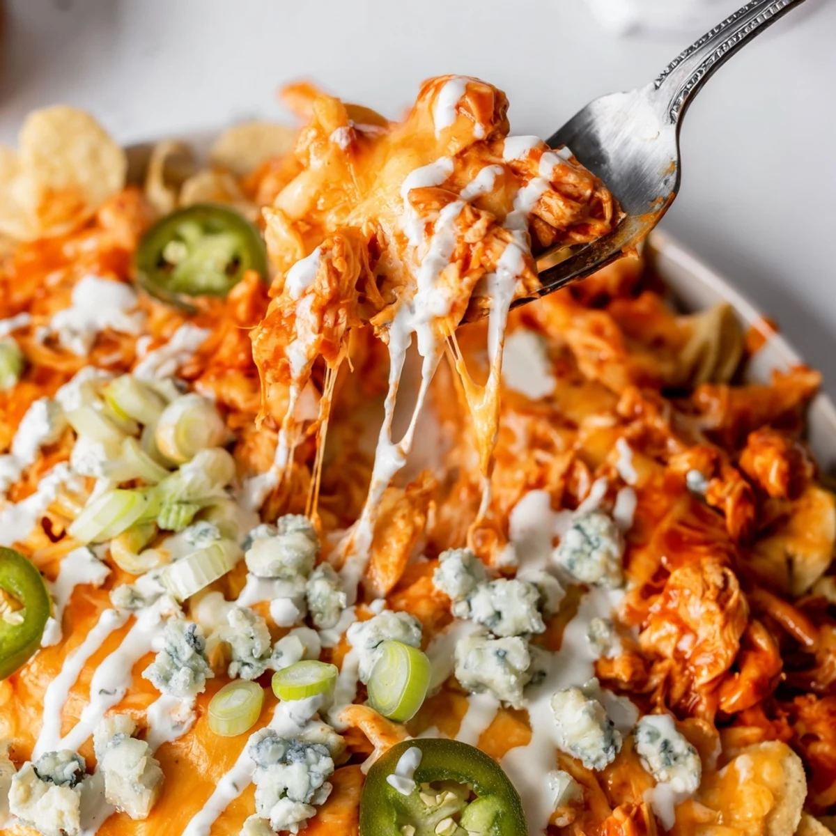 Crunchy tortilla base under Buffalo Chicken Nachos topped with shredded chicken, tomatoes, green onions