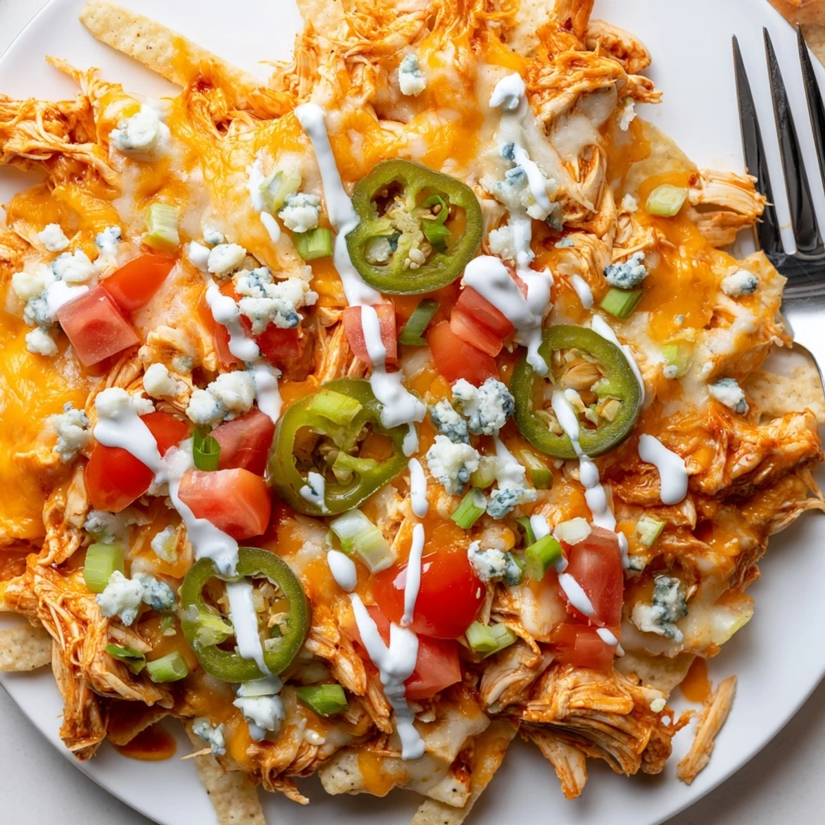 Buffalo Chicken Nachos piled bubbling with melted cheddar, drizzled ranch, sliced jalapeños