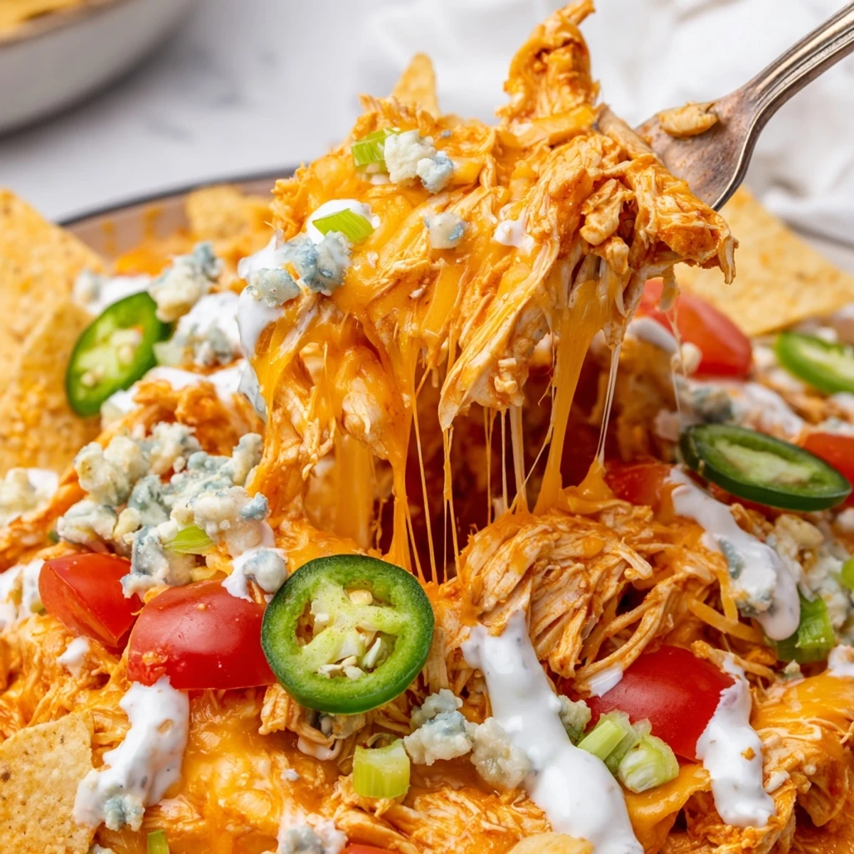 Party-ready Buffalo Chicken Nachos on a baking sheet, tangy blue cheese crumbles
