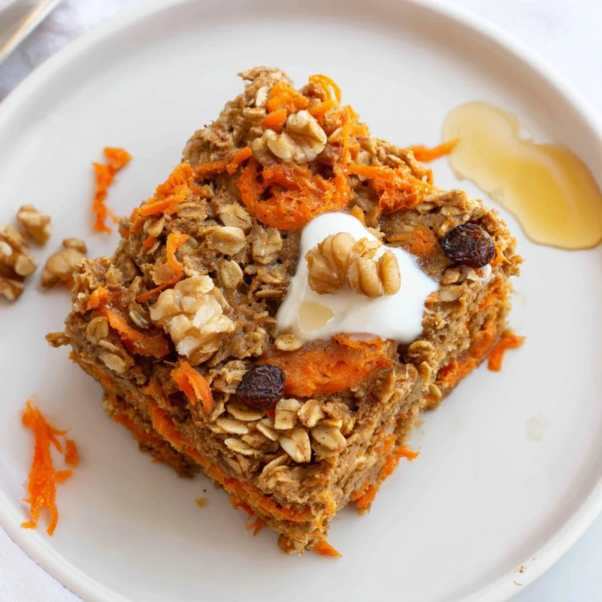 Warm, golden Carrot Cake Baked Oatmeal slice with cinnamon aroma and walnuts