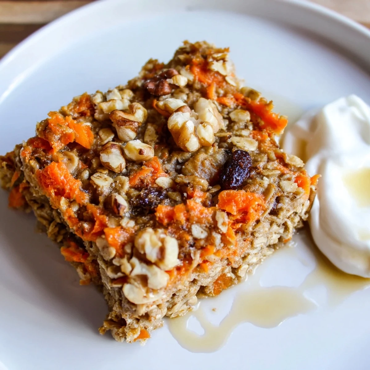 Slice of Carrot Cake Baked Oatmeal cooling in a greased 9x9 pan