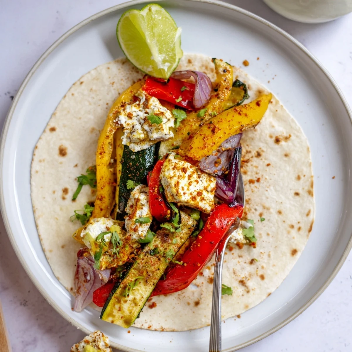 Tajin Feta Sheet Pan Fajitas with charred bell peppers, tangy feta, warm tortillas.