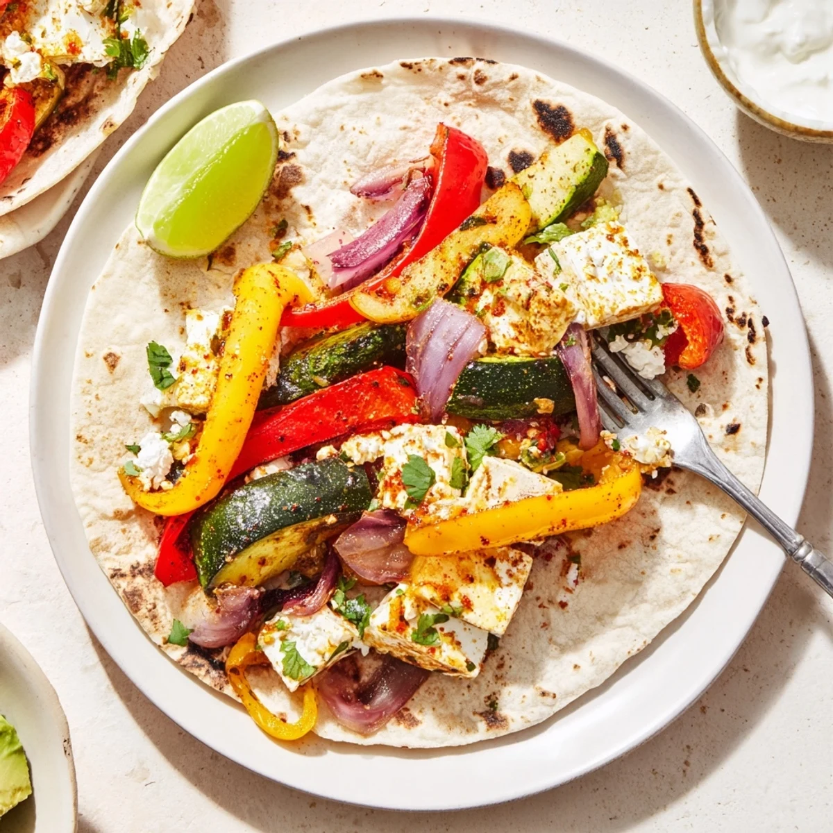 Roasted Tajin Feta Sheet Pan Fajitas piled in tortillas, garnished with lime.