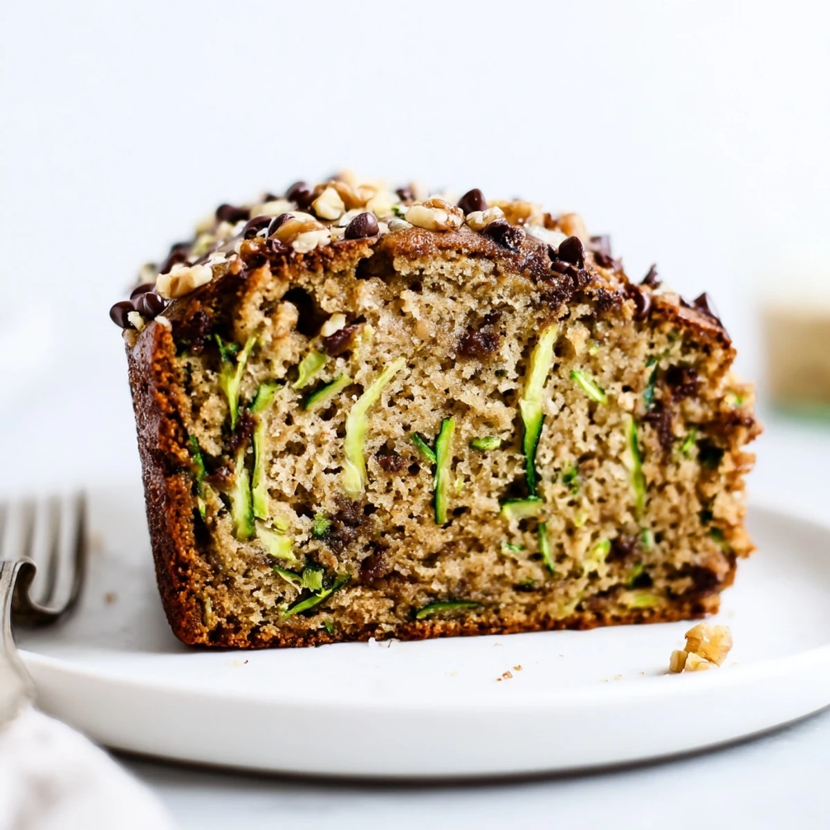 Zucchini Banana Bread sliced, moist crumb steaming beside a mug of coffee