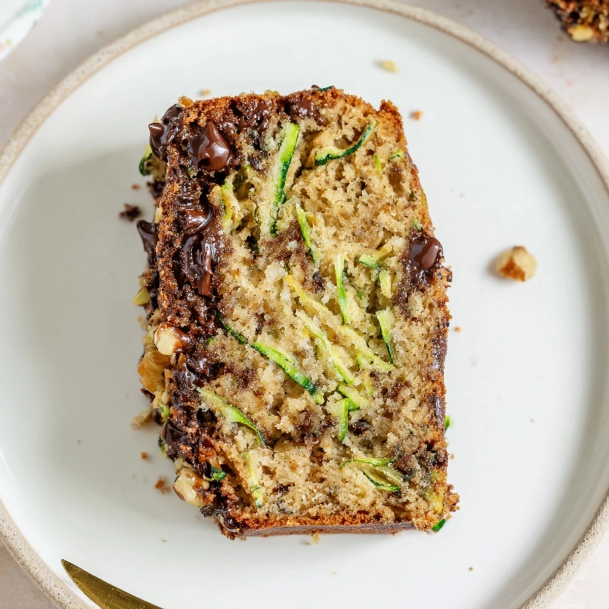 Warm Zucchini Banana Bread loaf with cinnamon scent, walnuts scattered on top