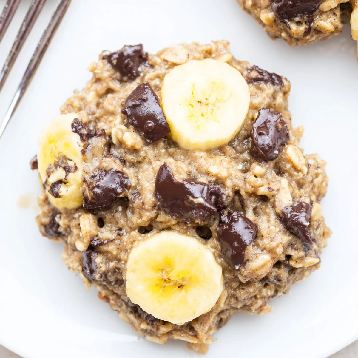 Close up of baked Banana Oat Cookies showing oats, chocolate chips, soft centers.