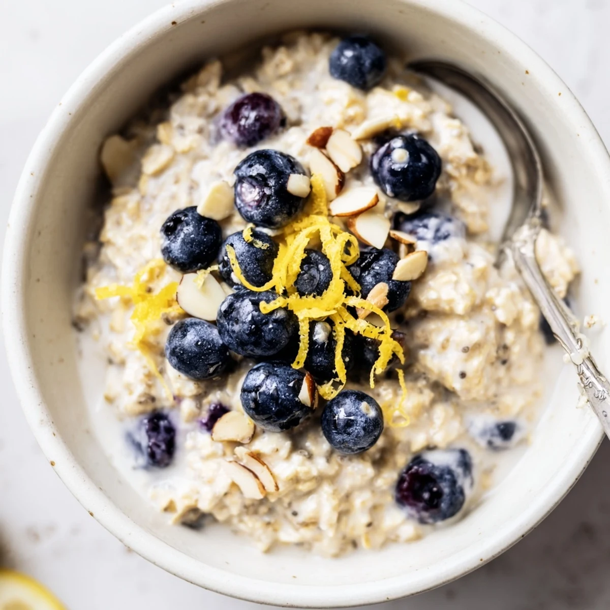 Jar of Blueberry Lemon Overnight Oats resting in fridge, bright citrus aroma