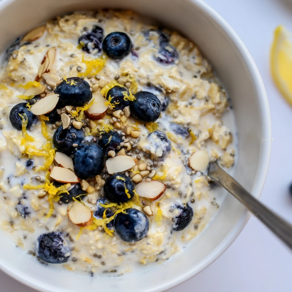 Spoonful of Blueberry Lemon Overnight Oats garnished with chopped nuts and zest