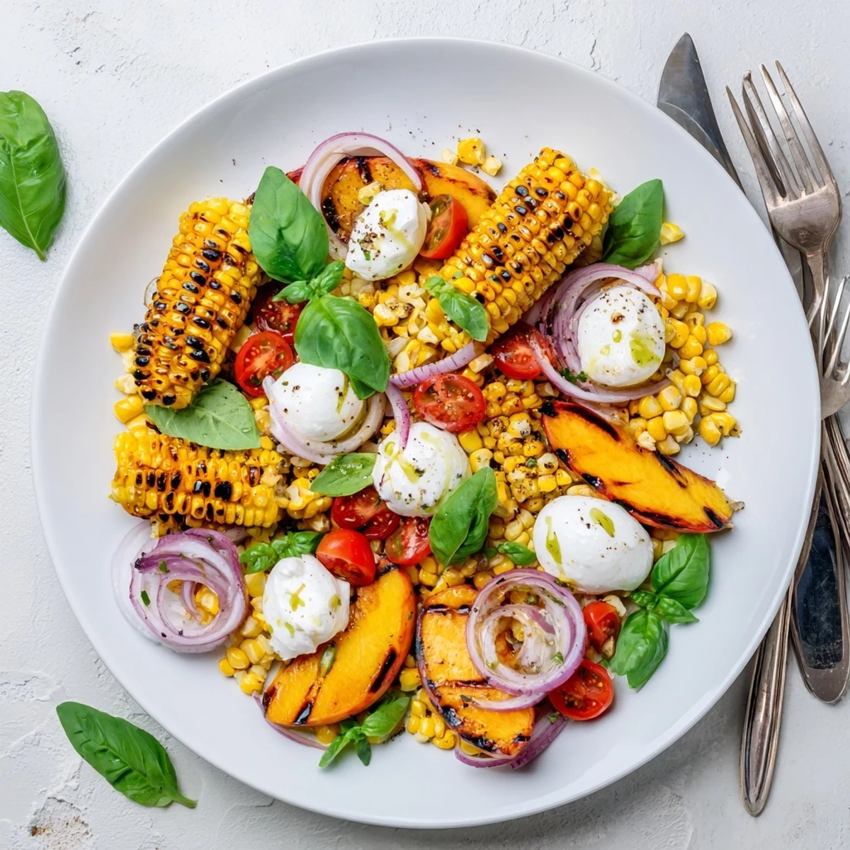 Charred peach wedges and sweet kernels in Grilled Peach Corn Salad with Creamy Cheese