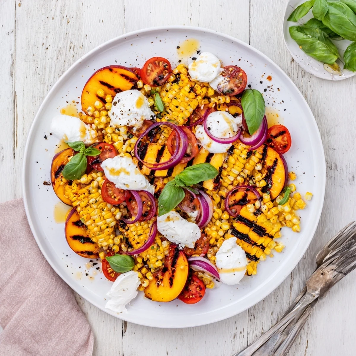 Smoky Grilled Peach Corn Salad with Creamy Cheese topped with torn burrata