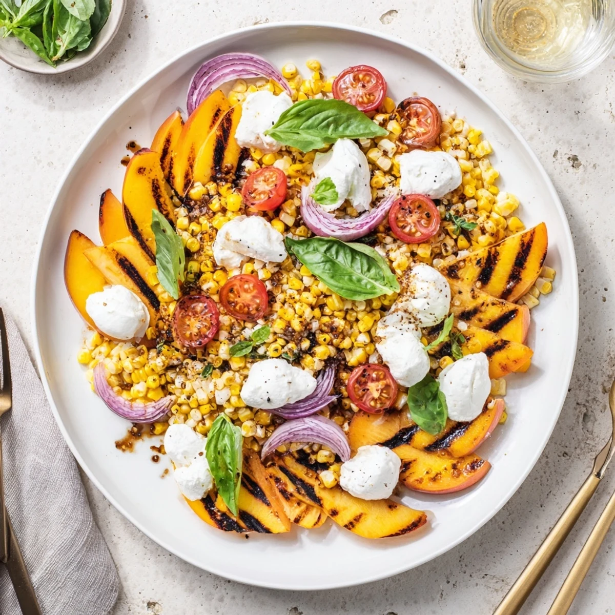 Balsamic-honey glazed peaches on Grilled Peach Corn Salad with Creamy Cheese, picnic-ready