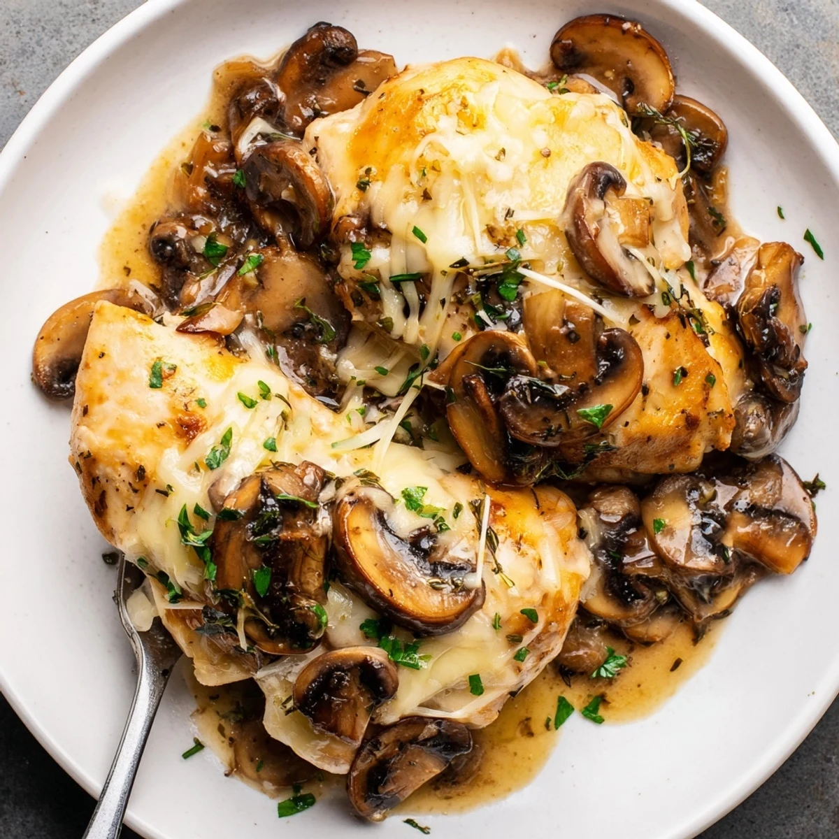 Cheesy Chicken Mushroom Bake bubbling golden, tender chicken, savory mushrooms, parsley garnish.