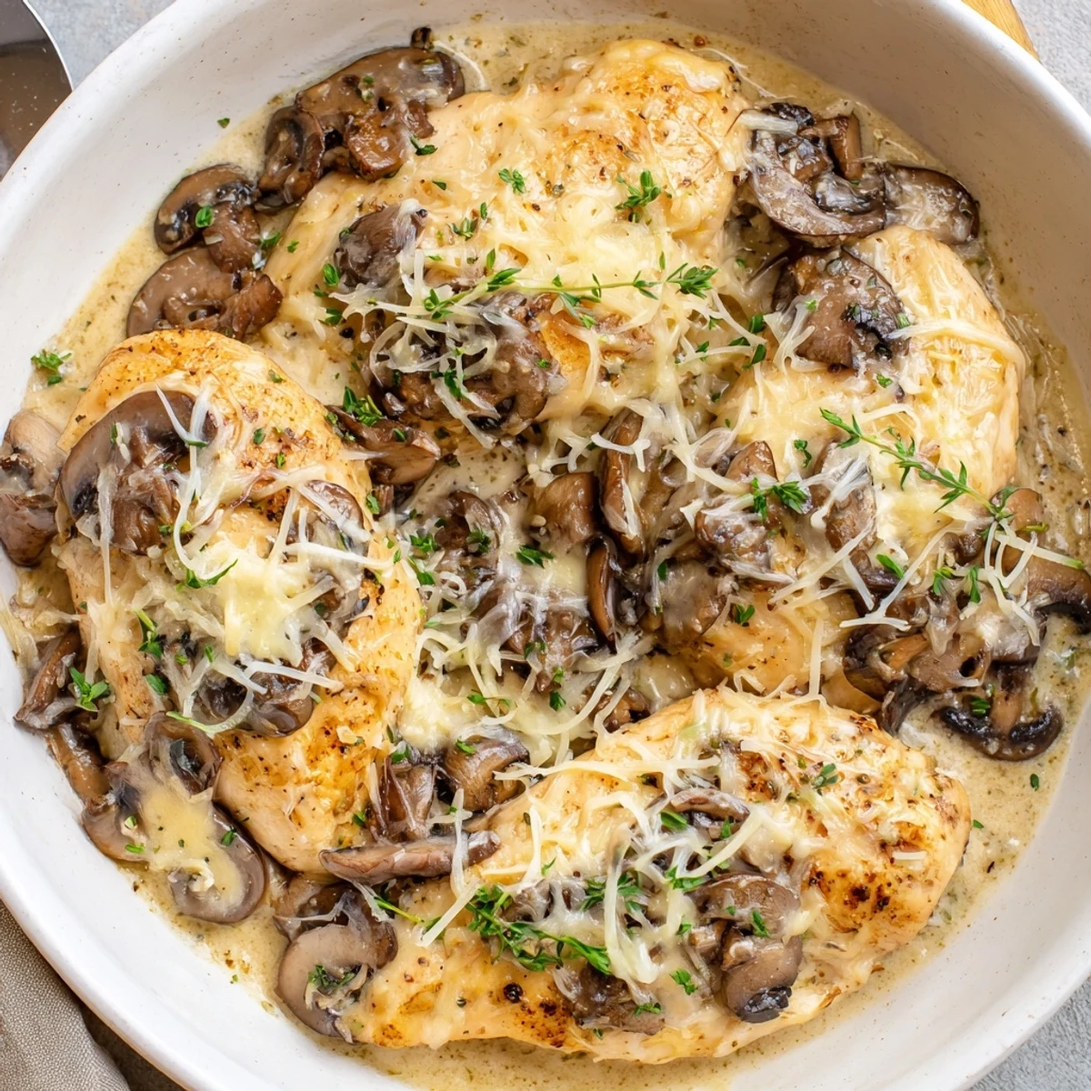 Oven-ready Cheesy Chicken Mushroom Bake with creamy cheese sauce, melted mozzarella.
