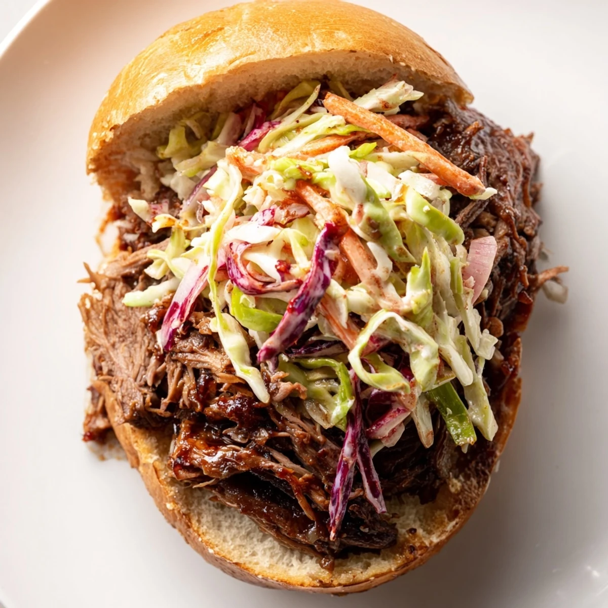 Golden smoky BBQ beef sandwiches topped with crisp colorful coleslaw on toasted buns