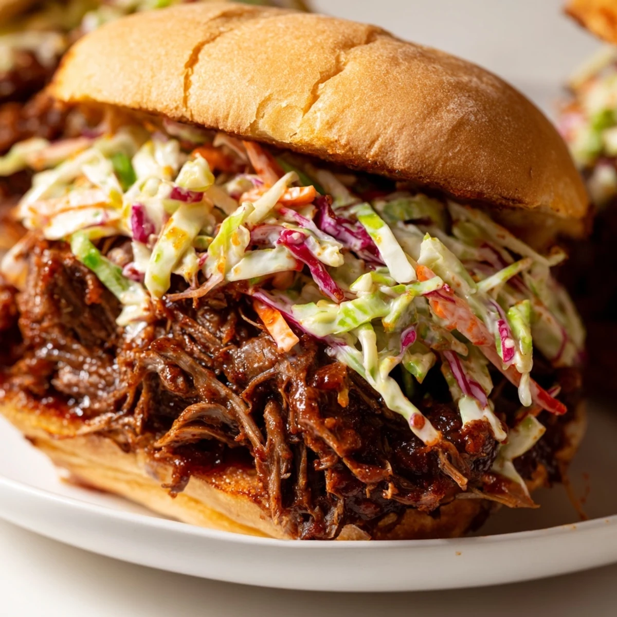 Tender shredded beef piled high with crunchy tangy coleslaw on soft sandwich rolls