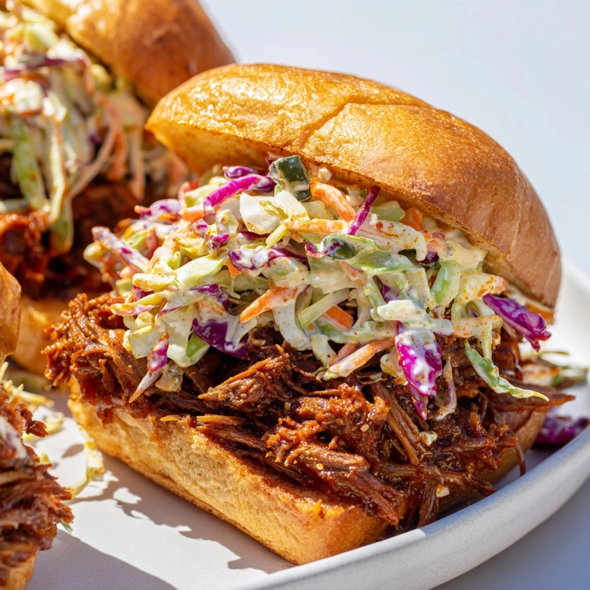 Homemade smoky BBQ beef sandwiches served with fresh creamy coleslaw and extra sauce