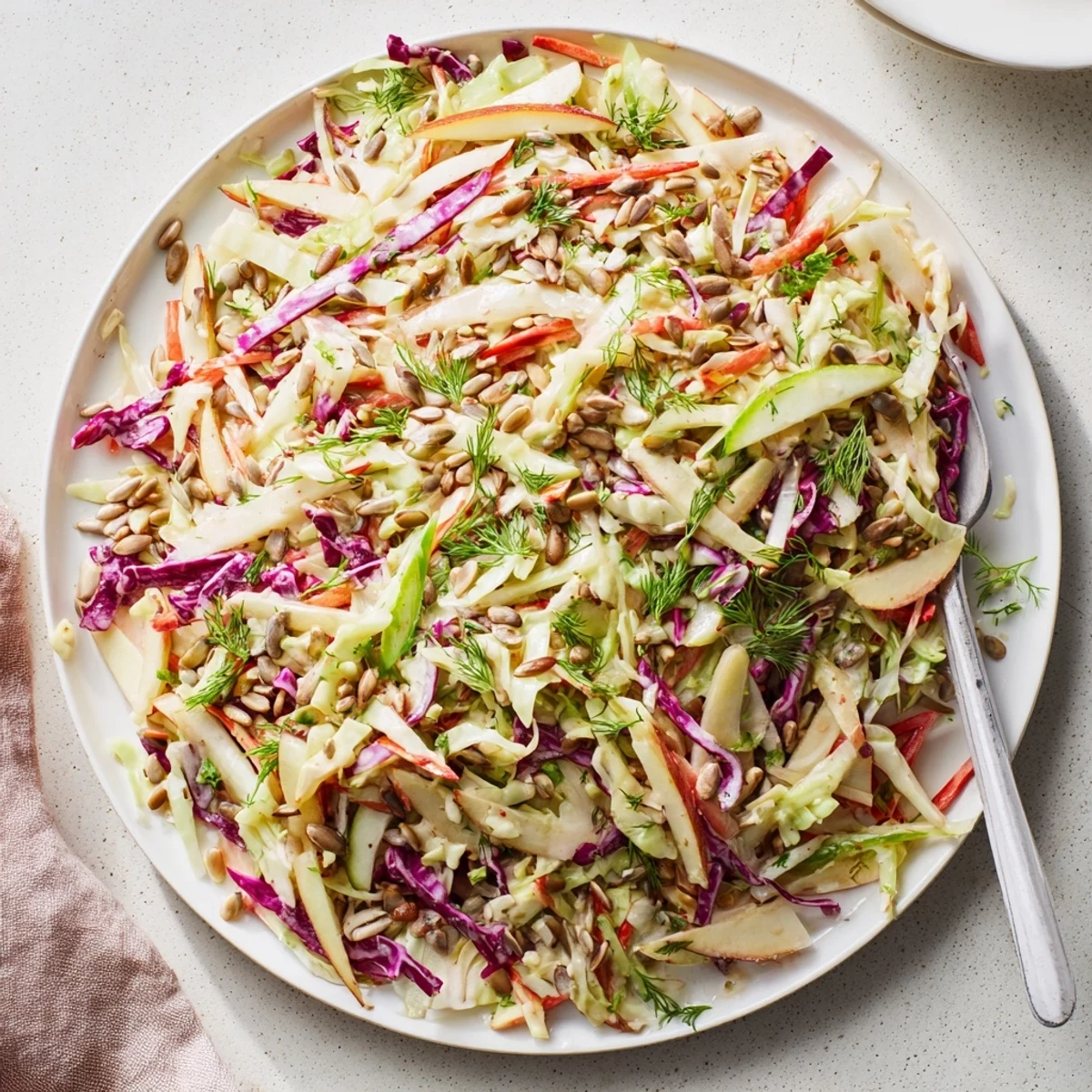 Colorful apple coleslaw mounded in bowl featuring green and red cabbage with grated carrots and creamy dressing