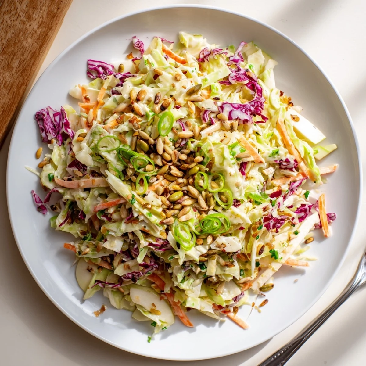Close-up of crunchy apple coleslaw with julienned apples, shredded cabbage, and sunflower seed garnish in serving bowl