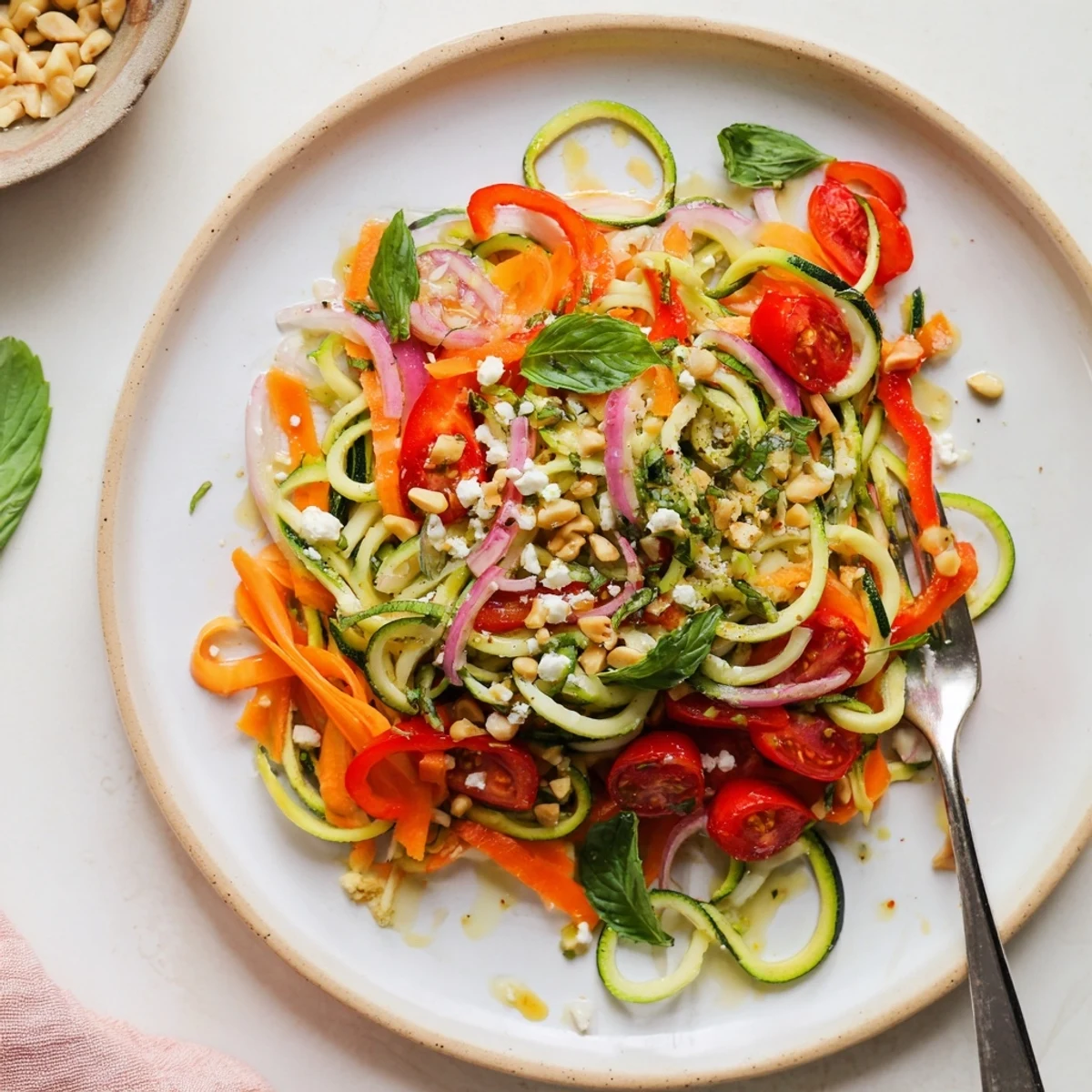 Colorful zucchini noodle salad bowl with fresh vegetables and citrus dressing