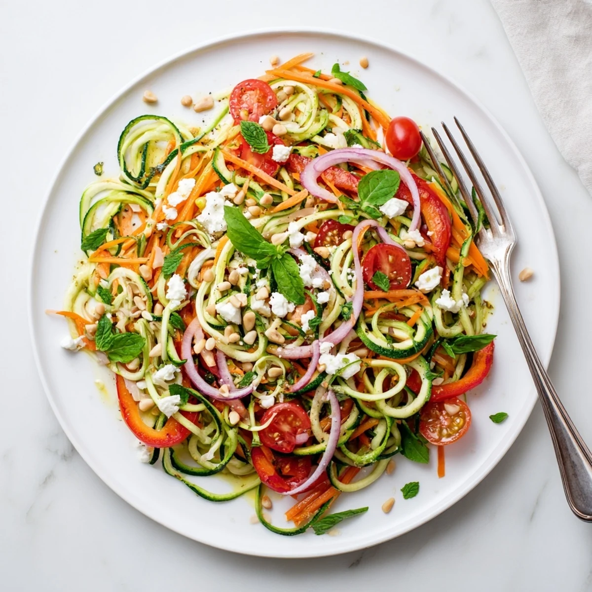 Refreshing zucchini noodle salad featuring spiralized noodles tossed in zesty lemon lime dressing