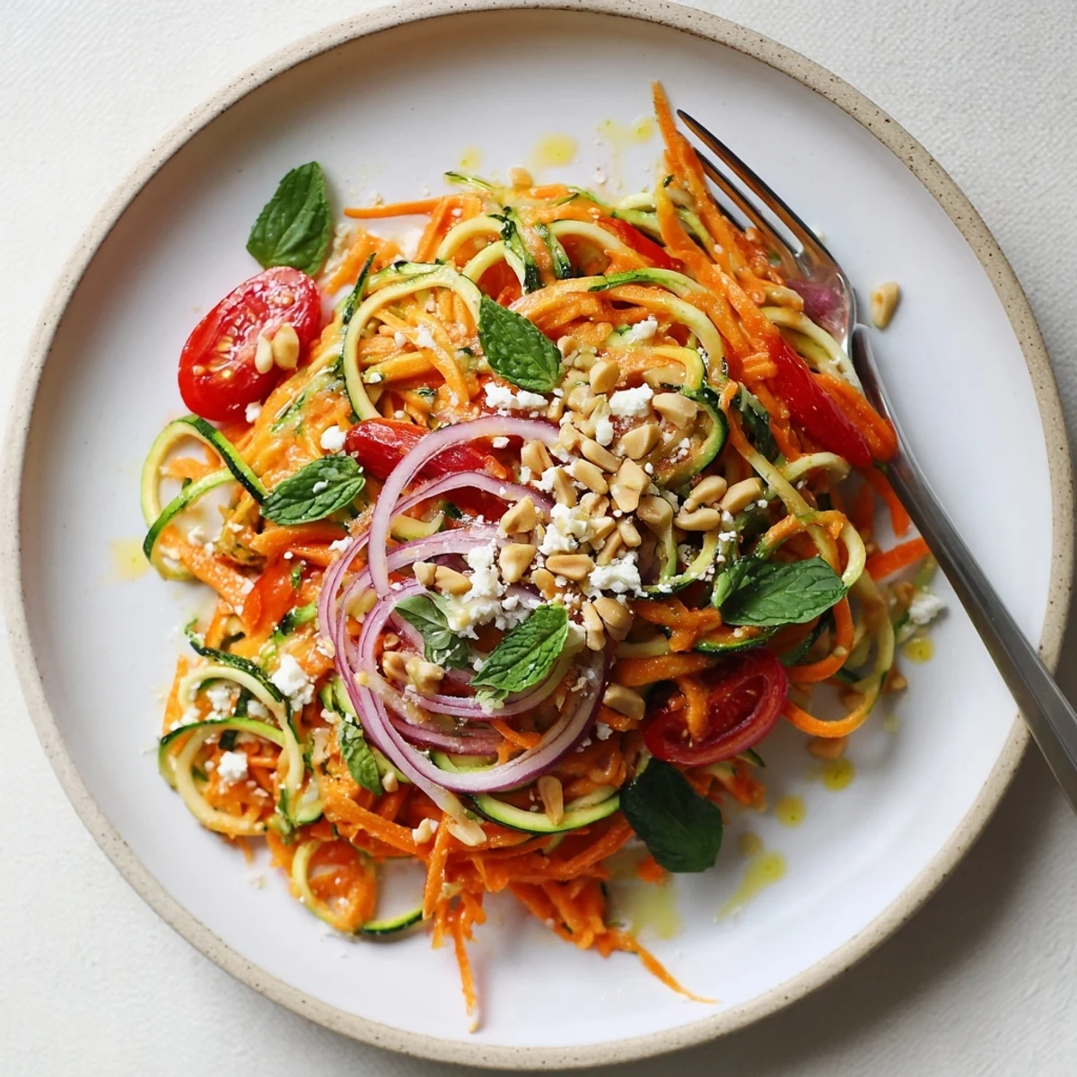 Crisp zucchini noodle salad topped with cherry tomatoes and herbs in white bowl
