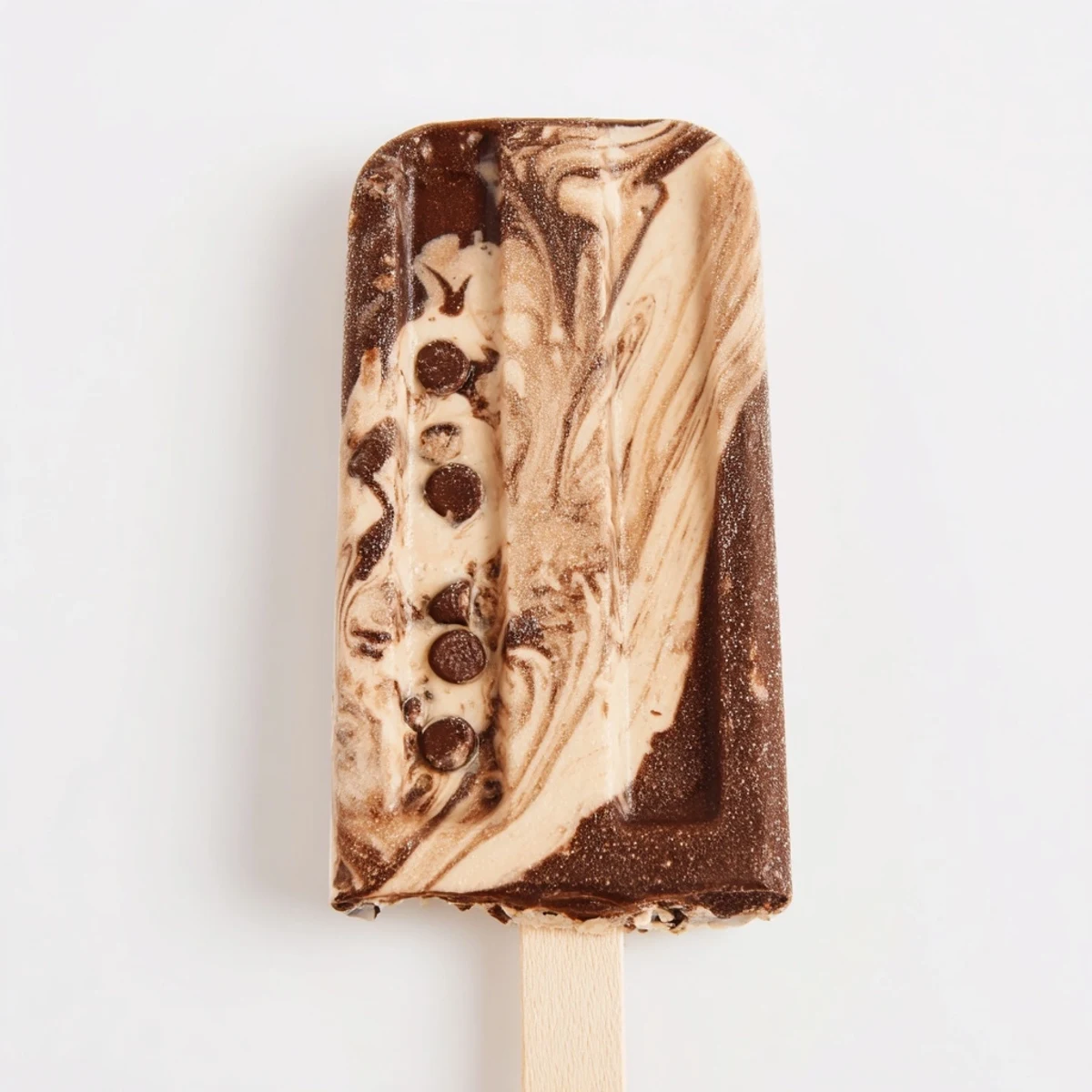 Creamy chocolate banana bliss popsicles feature swirled dark chocolate ribbons on a wooden stick against a bright background