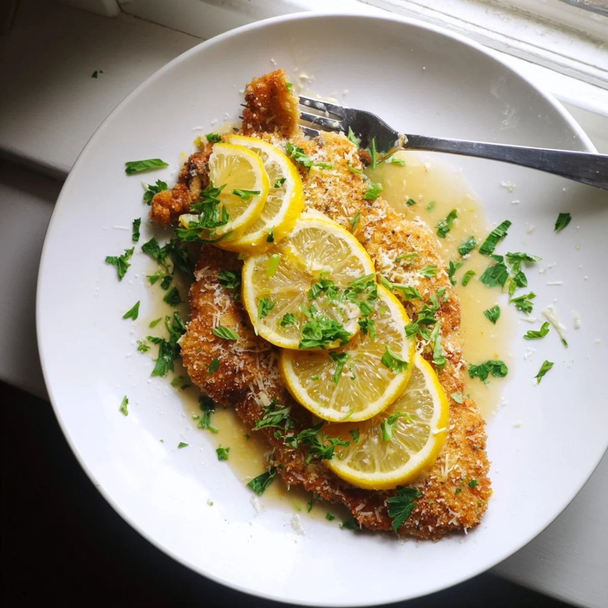 Golden Lemon Chicken Romano with crispy parmesan crust drizzled with bright lemon butter sauce and fresh parsley garnish on a white serving plate
