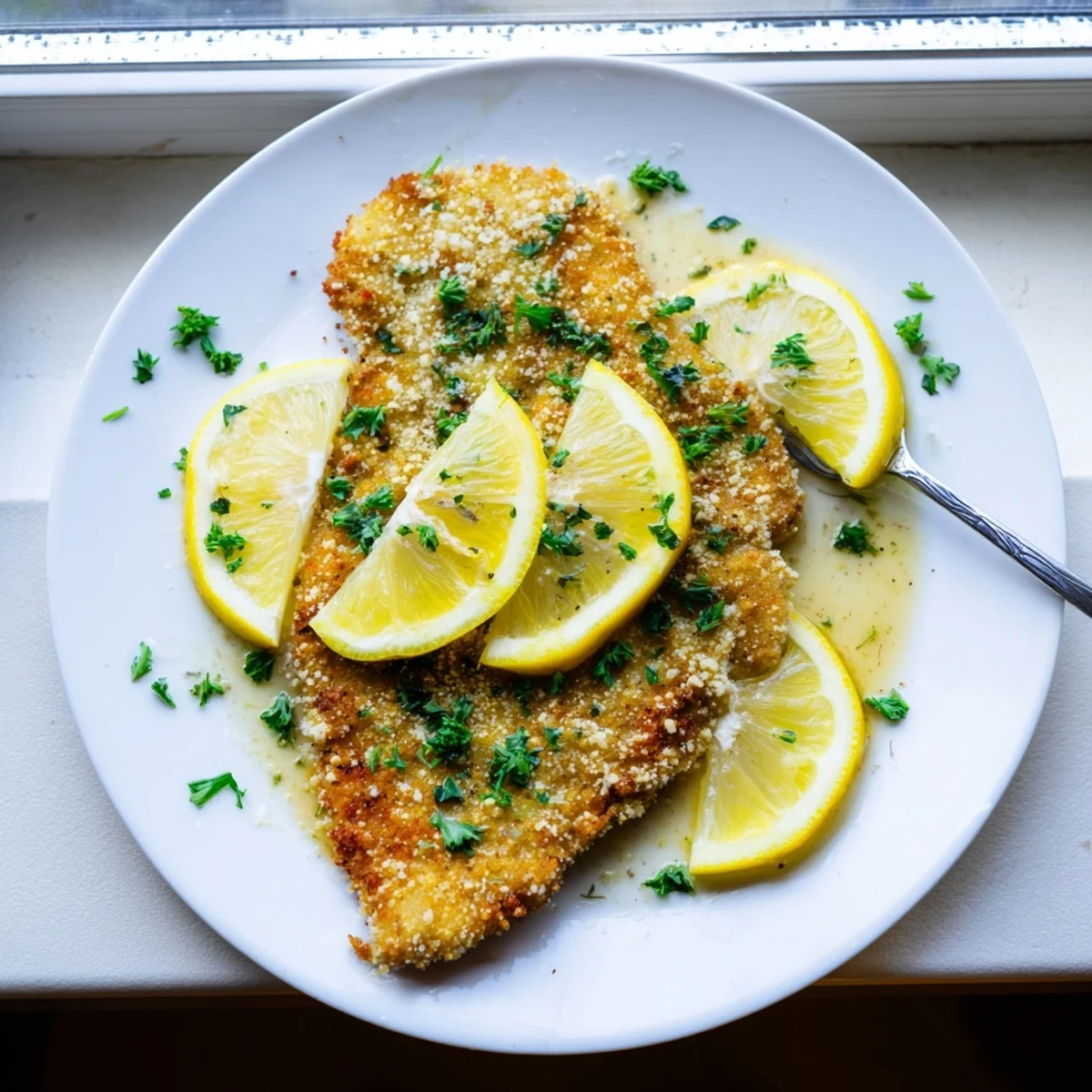 Pan-fried Lemon Chicken Romano cutlets featuring golden Romano cheese coating topped with zesty lemon slices and chopped parsley