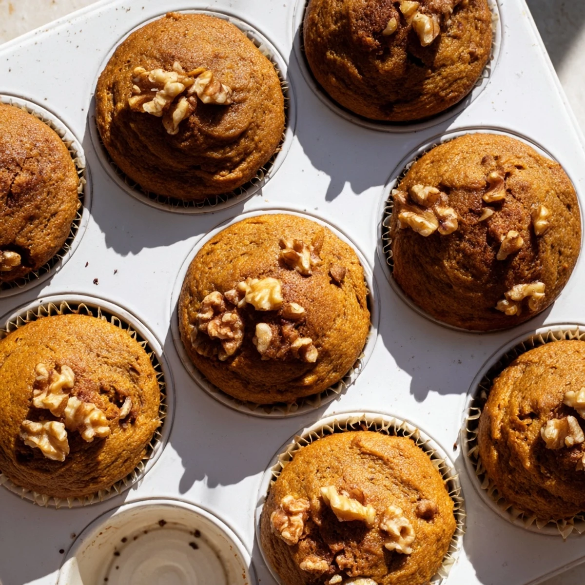 Golden butternut squash banana muffins topped with chopped walnuts on a wooden board