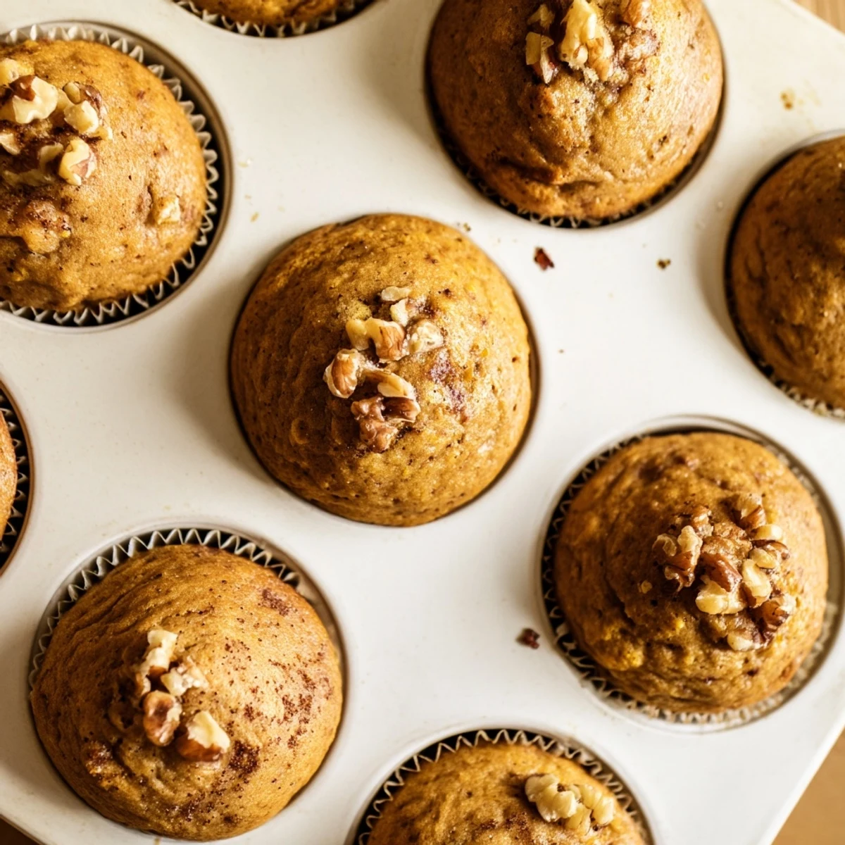 Moist butternut squash banana muffins cooling on a wire rack with paper liners