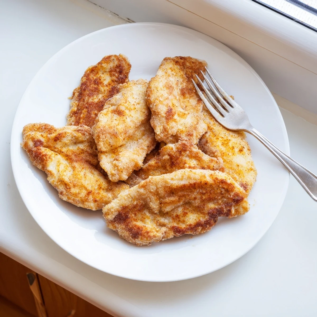 Golden brown fried chicken breast with crispy coating on white plate