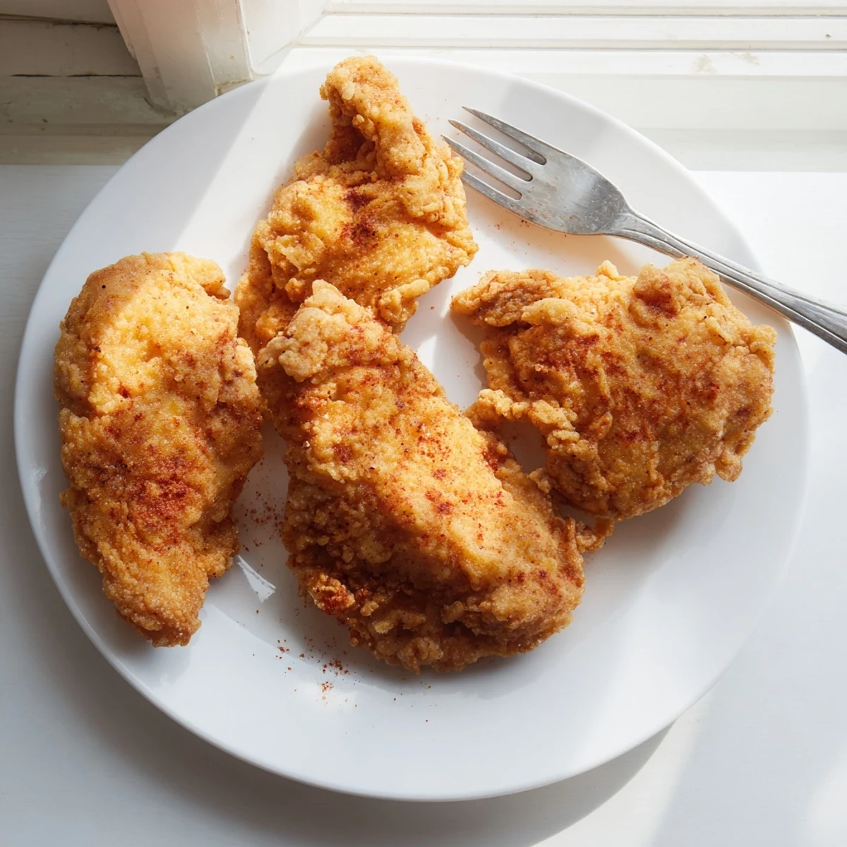 Homemade fried chicken breast served with crispy golden skin and tender meat inside
