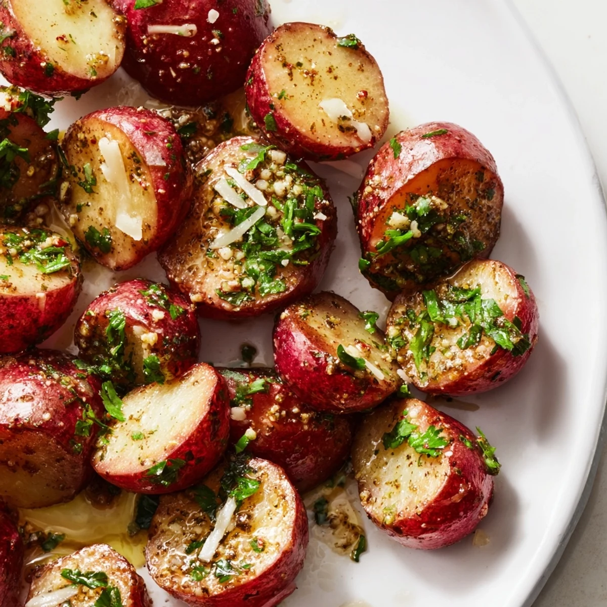 Golden brown garlic roasted radishes arranged on a white serving plate