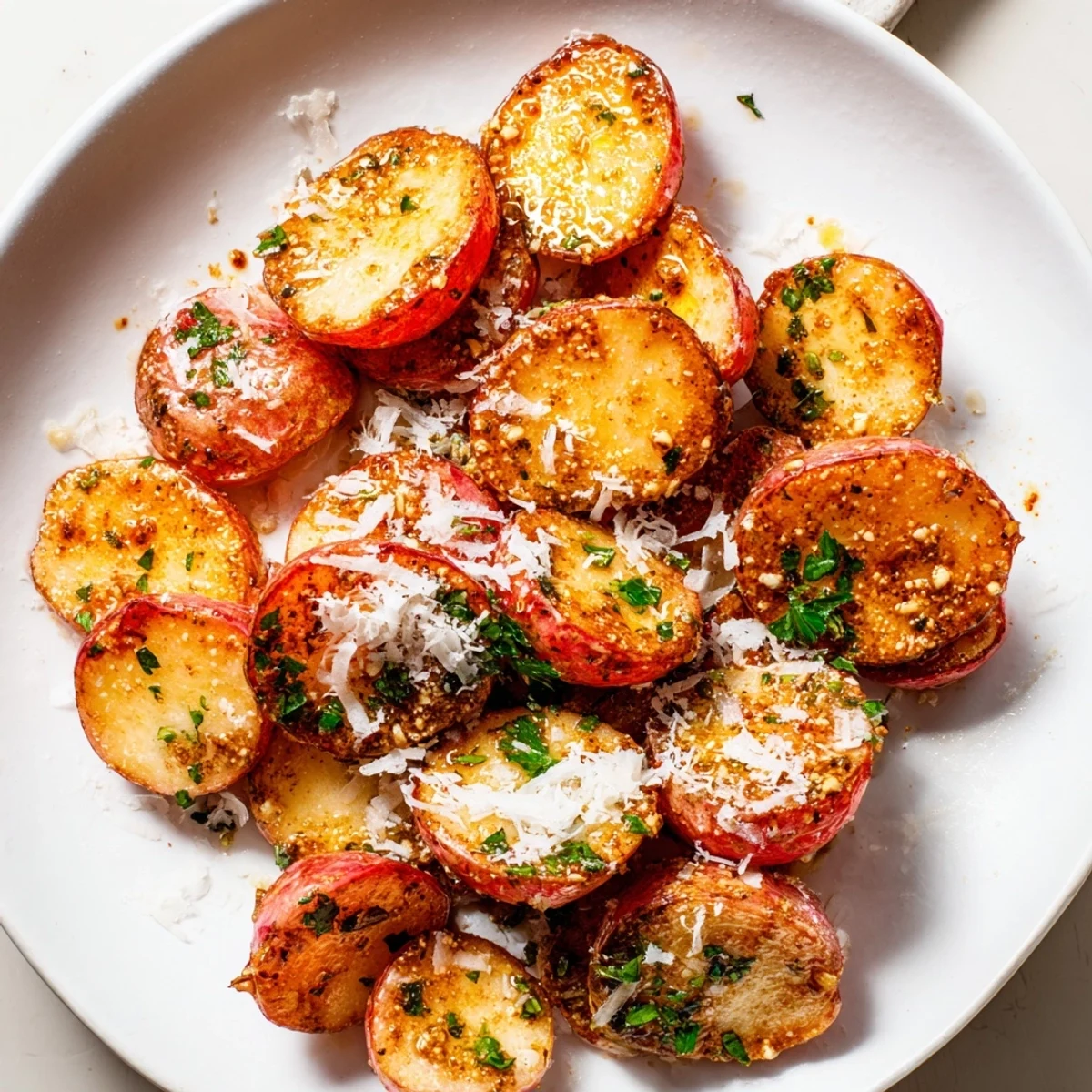 Halved radishes roasted until golden with minced garlic and olive oil