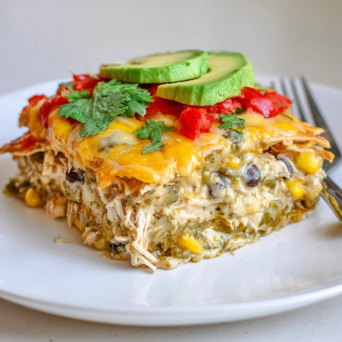 Oven-roasted Salsa Verde Chicken Casserole layered with corn, black beans, cheese.